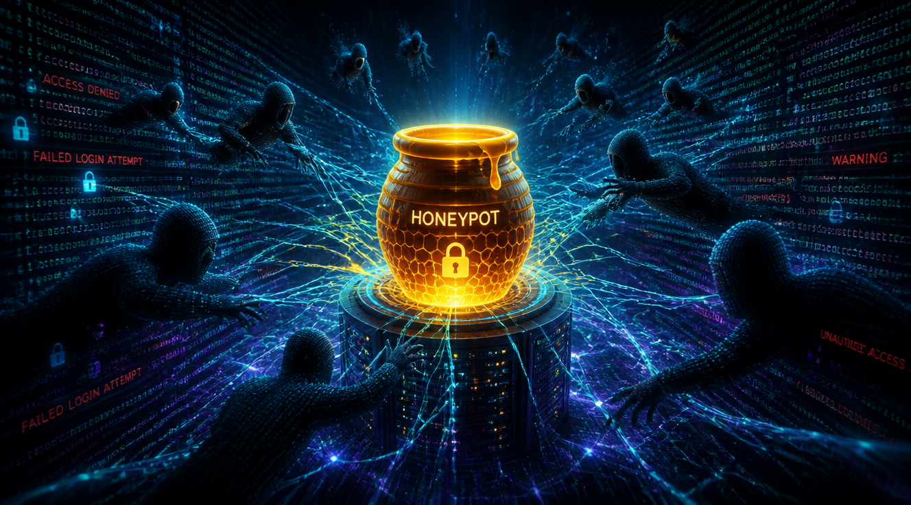 A high-quality, futuristic, and conceptual image representing a 'honeypot' in cybersecurity. Show a glowing, intricate digital network or server acting as a lure, with abstract, shadowy figures or digital entities (representing attackers) being drawn towards it. Emphasize the 'trap' aspect with subtle visual cues like a net or a magnetic pull. The background should be dark, digital, and complex, with lines of code or data flowing. Use deep blues, purples, and greens with bright, contrasting highlights for the honeypot itself. High detail, cinematic lighting, 8K, digital art.