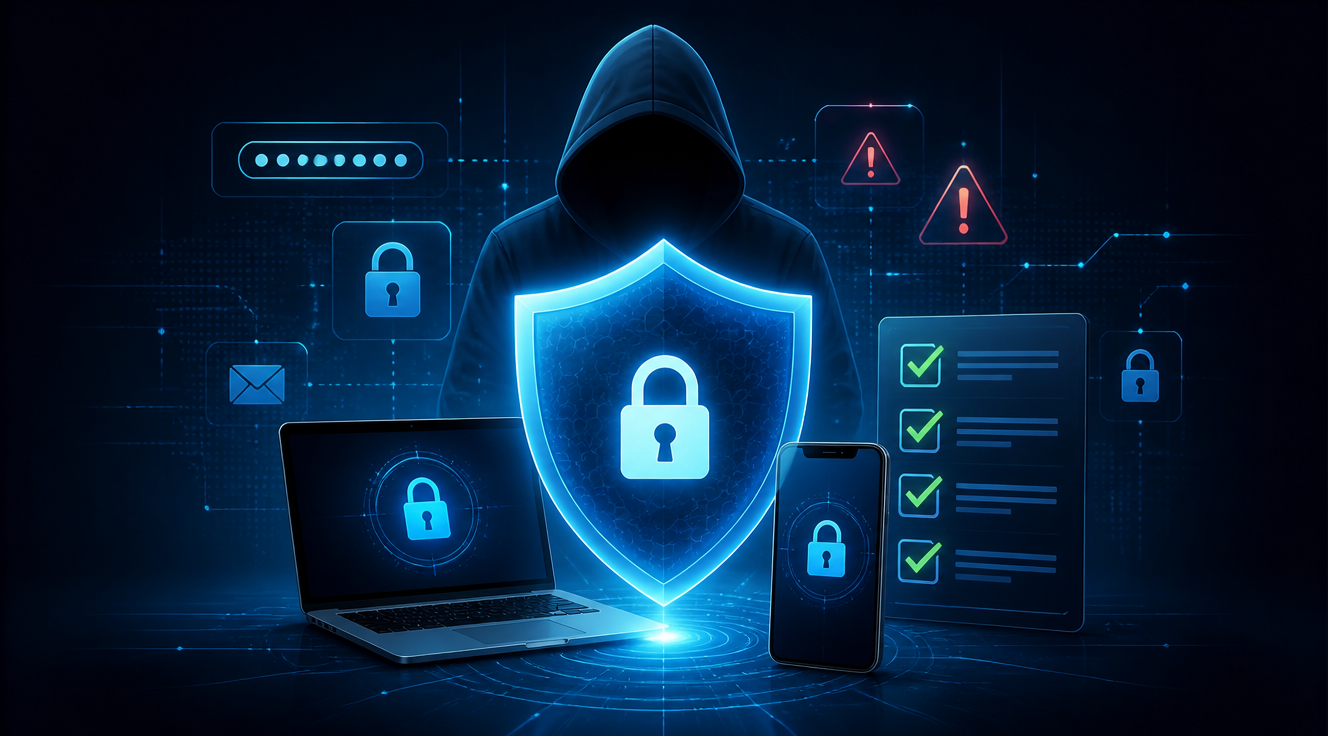 A high-quality digital illustration depicting a personal cybersecurity recovery concept: a glowing blue shield protecting a personal laptop and smartphone from a dark hooded hacker silhouette in the background. The scene shows a checklist with glowing green checkmarks representing recovery steps, surrounded by floating icons of passwords, locks, and warning alerts. Dark navy background with cyan and electric blue accents, modern flat design style with subtle 3D elements, dramatic lighting, professional cybersecurity aesthetic, 4K resolution, no text overlay