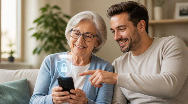 A warm, high-quality editorial photograph showing an elderly woman with gray hair and glasses smiling confidently while holding a smartphone, with her adult son standing beside her pointing gently at the screen. Soft natural light coming from a window in a cozy living room. A subtle translucent digital shield icon overlays the smartphone screen, symbolizing protection. The color palette features warm beige tones, soft blues, and gentle greens. Shallow depth of field, modern minimalist composition, realistic style, no text overlay, suitable for a cybersecurity guide cover image.